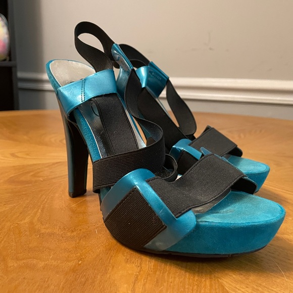 Jessica Simpson Black & Teal Metallic Platform Heels Size 6-6.5 - Picture 7 of 12